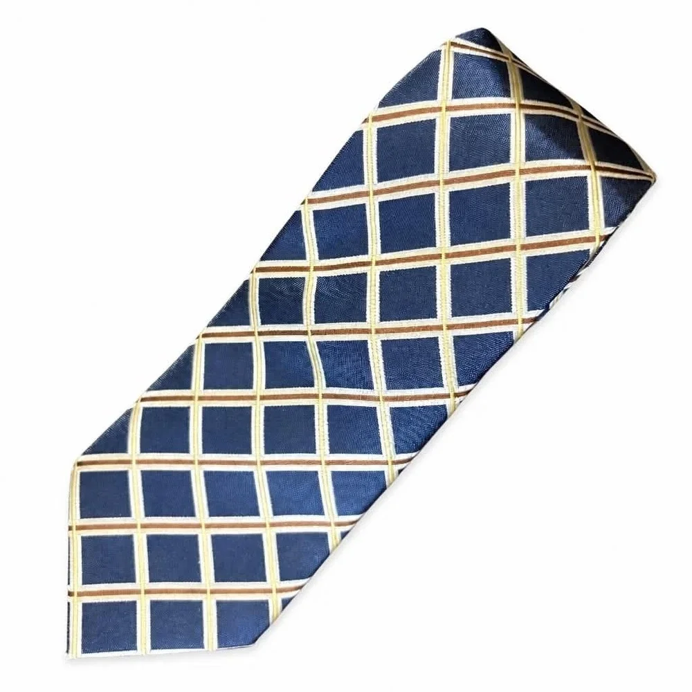 Alexander Julian Colours Tie Men Navy Yellow Brown Windowpane Grid Polyester